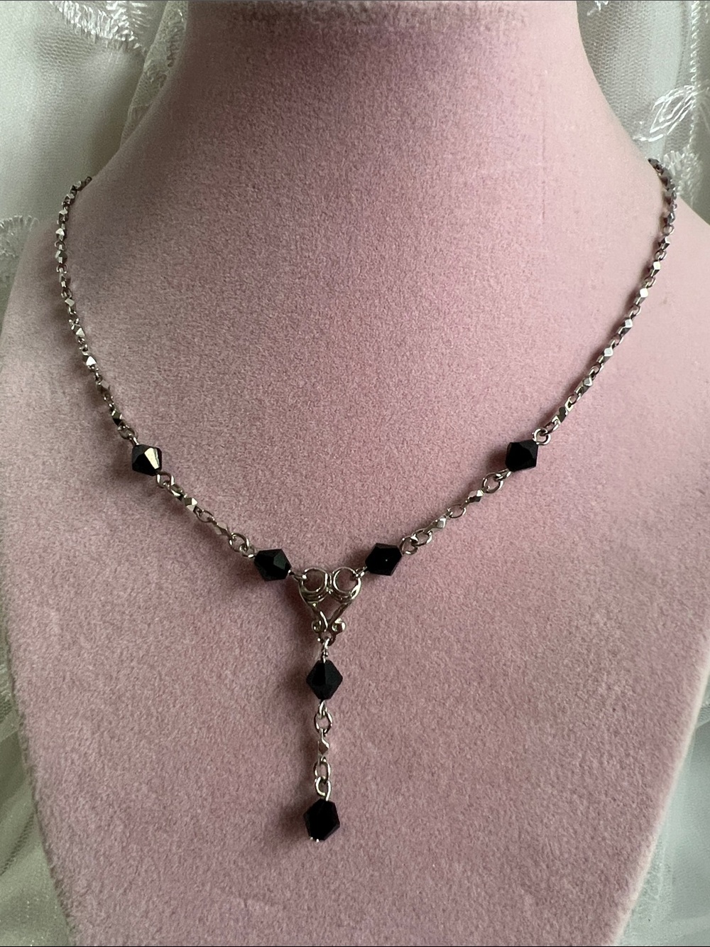 Avon Silver-Tone Necklace with Black Faceted Beads